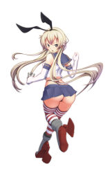 Rule 34 | 1girl, anchor hair ornament, ass, black hairband, black panties, blonde hair, blue sailor collar, blue skirt, commentary request, crop top, elbow gloves, from behind, full body, gloves, grey eyes, hair ornament, hairband, highleg, highleg panties, kantai collection, long hair, looking at viewer, microskirt, miniskirt, moke ro, panties, pleated skirt, sailor collar, shimakaze (kancolle), shirt, simple background, skirt, sleeveless, sleeveless shirt, solo, striped clothes, striped thighhighs, thighhighs, underwear, white background, white gloves