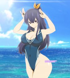 Rule 34 | 1girl, blue hair, blue one-piece swimsuit, breasts, brown eyes, cleavage, eden&#039;s zero, female focus, hair between eyes, highres, homura kogetsu, itshikka, large breasts, long hair, looking at viewer, mole, mole under eye, official art, one-piece swimsuit, parted bangs, simple background, smile, solo, swimsuit, white background
