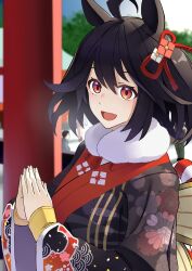 Rule 34 | 1girl, absurdres, animal ears, black hair, black kimono, blue sky, blurry, blurry background, commentary request, floral print, fur-trimmed kimono, fur trim, hair between eyes, hatsumoude, highres, horse ears, horse girl, japanese clothes, kimono, kitasan black (umamusume), kouhaku nawa, long sleeves, looking at viewer, new year, obi, open mouth, outdoors, own hands together, people, red eyes, reibun (raven1119), rope, sash, shimenawa, shrine, sky, smile, solo, torii, tree, two side up, umamusume, visible air
