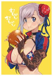 Rule 34 | 1girl, :t, american flag bikini, american flag print, asymmetrical hair, bikini, blue eyes, breasts, bun cover, burger, choker, cleavage, commentary request, eating, elbow gloves, fate/grand order, fate (series), fingerless gloves, flag print, food, food on face, full mouth, gloves, hair bun, highres, holding, holding food, imigimuru, large breasts, looking at viewer, miyamoto musashi (fate), miyamoto musashi (fate/grand order), miyamoto musashi (swimsuit berserker) (fate), miyamoto musashi (swimsuit berserker) (second ascension) (fate), print bikini, shrug (clothing), simple background, single hair bun, solo, swimsuit, upper body, yellow background