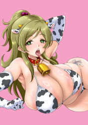 Rule 34 | 1girl, alternate breast size, animal ears, animal print, arm behind head, arm up, bell, bikini, breasts, brown hair, collar, cow ears, cow horns, cow print, cow print bikini, cow print gloves, cowbell, elbow gloves, eunos, gloves, highres, horns, large breasts, long hair, looking at viewer, minamino kanade, open mouth, pink background, ponytail, precure, print bikini, print gloves, red collar, shiny skin, side-tie bikini bottom, solo, suite precure, swimsuit, thong, thong bikini, tongue, tongue out, white bikini, wide hips