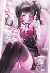 Rule 34 | 1girl, ame-chan (needy girl overdose), black hair, black nails, black ribbon, black skirt, black thighhighs, bleeding, blood, breasts, cat, cellphone, chair, character doll, chouzetsusaikawa tenshi-chan, cigarette, cleavage, collared shirt, commentary request, cuts, gaming chair, hair ornament, hair over one eye, hair tie, hands up, heart, highres, holding, holding cigarette, holding phone, indoors, injury, jirai kei, large breasts, long hair, looking at viewer, medium breasts, mirror, monitor, nail polish, neck ribbon, needy girl overdose, p-chan (needy girl overdose), panties, pantyshot, partially unbuttoned, phone, pink eyes, red shirt, ribbon, scar, scar on leg, self-harm, self-harm scar, selfie, shirt, sitting, skirt, smartphone, smile, smoke, solo, stuffed animal, stuffed shark, stuffed toy, suspender skirt, suspenders, swivel chair, table, taking picture, thighhighs, translation request, twintails, underwear, white panties, wrist cutting, x hair ornament, yunara
