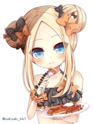 Rule 34 | 1girl, abigail williams (emerald float) (fate), abigail williams (fate), bare shoulders, bikini, bikini top only, black bikini, black bow, blonde hair, blush, bow, closed mouth, collarbone, commentary request, double bun, emerald float, fate/grand order, fate (series), food, forehead, fork, hair bow, hair bun, head tilt, holding, holding fork, holding plate, long hair, official alternate costume, orange bow, pancake, parted bangs, plate, polka dot, polka dot bow, side bun, sidelocks, simple background, smile, solo, swimsuit, twitter username, white background, yukiyuki 441