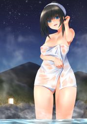 Rule 34 | 10s, 1girl, absurdres, adjusting hair, black hair, blue eyes, blush, breasts, commentary request, covered erect nipples, hairband, highres, idolmaster, idolmaster cinderella girls, large breasts, long hair, naked towel, nishinomiya suzu, onsen, open mouth, outdoors, sagisawa fumika, sky, solo, star (sky), starry sky, steam, towel, wading, wet towel
