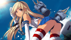 Rule 34 | 10s, 1girl, :3, anchor, ass, bent over, black panties, black ribbon, blonde hair, blue skirt, blue sky, brown eyes, crop top, crop top overhang, day, elbow gloves, gloves, hair ribbon, hairband, hell machina, highres, kantai collection, lens flare, long hair, looking at viewer, looking back, miniskirt, neckerchief, outdoors, panties, pantyshot, pleated skirt, rensouhou-chan, ribbon, robot, sailor collar, salute, shimakaze (kancolle), shirt, skindentation, skirt, sky, sleeveless, sleeveless shirt, smile, solo, striped clothes, striped thighhighs, sun, sunlight, tan, thighhighs, underwear, very long hair, white gloves, white shirt