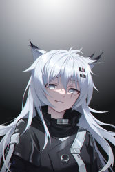 Rule 34 | 1girl, absurdres, animal ears, arknights, black jacket, chinese commentary, commentary request, grey eyes, hair ornament, highres, huge filesize, jacket, lappland (arknights), long hair, looking at viewer, parted lips, scar, scar across eye, scar on face, silver hair, sing shuixing, smile, solo, tsurime, upper body, very long hair, wolf ears