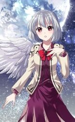 Rule 34 | 1girl, :o, black gemstone, blush, bow, bowtie, brown jacket, collared jacket, dress, earth (planet), eyelashes, feathered wings, jacket, katayama kei, kishin sagume, long sleeves, looking at viewer, official art, open clothes, open jacket, open mouth, planet, purple dress, red bow, red bowtie, red eyes, short dress, short hair, single wing, space, star (sky), third-party source, touhou, touhou cannonball, white hair, white wings, wings
