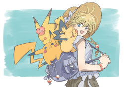 Rule 34 | 1girl, :d, backpack, bag, blonde hair, blue eyes, bow, bracelet, brown headwear, commentary request, creatures (company), eyelashes, flower, game freak, gen 1 pokemon, gen 2 pokemon, grey bag, grey bow, grey shirt, happy, hat, hat bow, highres, holding strap, jewelry, looking back, nintendo, open mouth, pichu, pikachu, pink flower, pokemon, pokemon (creature), pokemon adventures, pokemon on back, sannomushi, shirt, short hair, smile, yellow (pokemon)