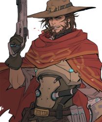 Rule 34 | 1boy, ammunition, armor, bad id, bad twitter id, beard, belt, brown eyes, brown gloves, brown hair, cape, cassidy (overwatch), cigar, cowboy hat, cowboy western, facial hair, gloves, gun, handgun, hat, holding, holding gun, holding weapon, holster, kkangcheol, looking at viewer, male focus, mechanical hands, mouth hold, mustache, overwatch, overwatch 1, pants, pistol, poncho, red cape, revolver, simple background, single mechanical hand, smoke, smoking, solo, torn cape, torn clothes, torn hat, upper body, weapon