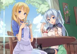 Rule 34 | 2girls, artist name, black legwear, blonde hair, blue eyes, breasts, closed mouth, coffee, collarbone, commission, cup, day, denim, denim shorts, food, freckles, highres, holding, holding cup, holding spoon, ice cream, indoors, jewelry, kaosu kun, long hair, looking at viewer, medium breasts, multiple girls, necklace, open mouth, original, shorts, silver hair, sitting, spoon, sundae, table, teacup, thighhighs, v