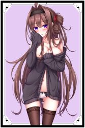 Rule 34 | 10s, 1girl, ahoge, alternate costume, bare shoulders, blush, breasts, brown hair, brown thighhighs, cardigan, cleavage, gradient hair, hair intakes, hair ribbon, hairband, highres, kantai collection, kongou (kancolle), large breasts, long hair, looking at viewer, multicolored hair, navel, no pants, off shoulder, open mouth, panties, purple eyes, ribbon, sleeves past wrists, solo, thigh gap, thighhighs, underwear, white panties, yoye (pastel white)