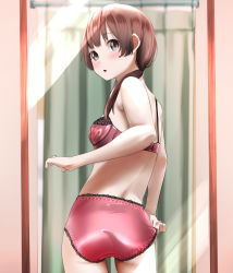 Rule 34 | 1girl, :o, adjusting clothes, adjusting panties, ass, back, blush, bra, brown eyes, brown hair, commentary, commission, curtains, highres, lace, lace-trimmed bra, lace-trimmed panties, lace trim, lingerie, looking at mirror, looking back, mirror, original, panties, pixiv commission, ponytail, red bra, red panties, reflection, satin, satin bra, satin panties, satin underwear, tama (tamago), underwear