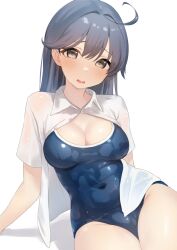 Rule 34 | 1girl, ahoge, black hair, blue one-piece swimsuit, blush, breasts, brown eyes, cleavage, covered navel, dress shirt, highres, kantai collection, large breasts, long hair, one-piece swimsuit, open mouth, sakieko, shirt, smile, solo, swimsuit, ushio (kancolle), wet, wet clothes, wet shirt, white background