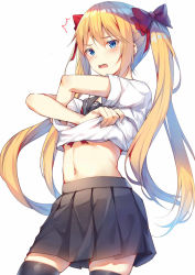 Rule 34 | 1girl, ^^^, alexmaster, arms up, black sailor collar, black skirt, black thighhighs, blonde hair, blue eyes, blush, bow, clothes lift, cowboy shot, hair bow, highres, lifted by self, long hair, looking at viewer, navel, open mouth, original, pleated skirt, red bow, sailor collar, school uniform, serafuku, shirt lift, short sleeves, simple background, skirt, solo, standing, stomach, thighhighs, tsurime, twintails, undressing, very long hair, white background, zettai ryouiki