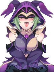 Rule 34 | 1girl, absurdres, bare shoulders, blush, breasts, breath, choker, cicin mage (genshin impact), cloak, covered eyes, electro cicin mage (genshin impact), genshin impact, green hair, highres, hood, hooded cloak, large breasts, long sleeves, mask, open mouth, purple cloak, short hair, shoulder pads, simple background, solo, sweat, tongue, tongue out, uvula, white background, wide sleeves, xiaodi
