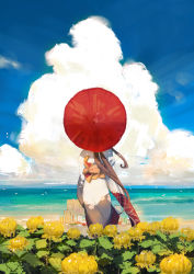 Rule 34 | 1girl, absurdres, alternate costume, blue sky, brown hair, cloud, day, flower, from behind, highres, japanese clothes, kantai collection, kimono, long hair, obi, ocean, oil-paper umbrella, outdoors, ponytail, red umbrella, sash, sky, solo, umbrella, very long hair, white kimono, wide sleeves, yamato (kancolle), ye fan, yellow flower