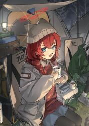 Rule 34 | 2girls, black pantyhose, blue archive, blue eyes, braid, cup, dor m, halo, hare (blue archive), hare (camp) (blue archive), hat, highres, holding, holding cup, jacket, lamp, long hair, long sleeves, looking at viewer, maki (blue archive), maki (camp) (blue archive), mug, multiple girls, night, outdoors, pantyhose, red hair, red halo, sitting, skirt, smile, tent, twin braids, vest