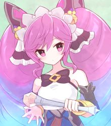 Rule 34 | 1girl, bare shoulders, blue hair, cleo (dragalia lost), detached sleeves, dragalia lost, hair ornament, holding, holding staff, long hair, looking at viewer, multicolored hair, pink eyes, pink hair, sleeveless, solo, staff, suta (clusta), twintails, upper body