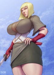 Rule 34 | 1girl, angry, barretxiii, blonde hair, blue eyes, breasts, clothes, elbow gloves, female focus, fingerless gloves, gloves, highres, holding, holding sword, holding weapon, huge breasts, katana, looking at viewer, medium hair, naruto (series), naruto shippuuden, red gloves, samui (naruto), solo, sword, weapon