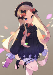 Rule 34 | 1girl, abigail williams (fate), black bow, black dress, black hat, blonde hair, bloomers, blue eyes, blush, bow, breasts, dress, fate/grand order, fate (series), forehead, hair bow, hat, long hair, long sleeves, looking at viewer, multiple hair bows, orange bow, parted bangs, polka dot, polka dot bow, ribbed dress, sleeves past fingers, sleeves past wrists, small breasts, solo, stuffed animal, stuffed toy, teddy bear, underwear, white bloomers, zenshin