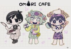 Rule 34 | 3boys, apron, basil (headspace) (omori), basil (omori), black bow, black bowtie, black eyes, black hair, black socks, blush, bow, bowtie, camera, chibi, closed mouth, collared shirt, colored skin, flower, food, green apron, green eyes, green hair, head wreath, highres, holding, holding camera, holding cooking pot, holding plate, holding tongs, kel (headspace) (omori), kel (omori), long sleeves, looking at viewer, mr0x0, multiple boys, necktie, omori, omori (omori), open mouth, parted lips, plate, purple eyes, purple hair, red necktie, shirt, short hair, short sleeves, smile, socks, steak, teeth, tongs, upper teeth only, white shirt, white skin, yellow shirt
