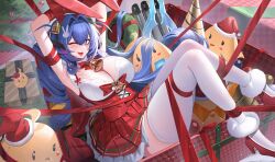 Rule 34 | 1girl, absurdres, animal ears, armpits, arms up, azur lane, bell, blue eyes, blue hair, blush, bound, bound wrists, bow, bowtie, box, breasts, christmas tree, cleavage, dress, fake animal ears, gift, gift box, hair bell, hair intakes, hair ornament, highres, in box, in container, indoors, jeze, jingle bell, large breasts, long hair, looking at viewer, looking up, manjuu (azur lane), neck bell, new jersey (azur lane), one eye closed, open mouth, rabbit ears, rabbit hair ornament, red bow, red bowtie, red dress, red footwear, red ribbon, restrained, ribbon, shoes, solo, thighhighs, tongue, tongue out, two-tone dress, white dress, white thighhighs