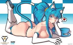Rule 34 | 1girl, absurdres, animal ears, aqua eyes, artist name, ass, bare shoulders, bikini, blue hair, blue tail, blush, boots, breast rest, breasts, cat ears, cat girl, cat tail, character name, checkered background, checkered bikini, checkered clothes, cleavage, closed mouth, collarbone, curled tail, curvy, danfer3, elbow gloves, feet up, from side, full body, gloves, hair between eyes, hair intakes, head on hand, heart, high heel boots, high heels, highres, huge ass, itasha, large breasts, leena (danfer3), legs together, logo, long hair, looking at viewer, lying, on stomach, original, ponytail, race queen, revealing clothes, sidelocks, smile, solo, speech bubble, spoken heart, swimsuit, tail, tareme, thigh boots, thighhighs, thighs, thong, very long hair, white gloves