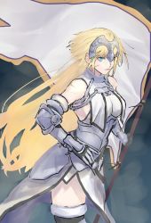 Rule 34 | 1girl, bad id, bad twitter id, bare shoulders, black thighhighs, blonde hair, blue eyes, breast curtains, breasts, closed mouth, fate/apocrypha, fate (series), flag, gauntlets, headpiece, highres, holding, holding flag, jeanne d&#039;arc (fate), jeanne d&#039;arc (ruler) (fate), jeanne d&#039;arc (third ascension) (fate), large breasts, long hair, looking at viewer, sankomichi, scar, solo, standing, thighhighs