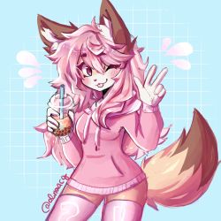 Rule 34 | 1girl, :3, anakoluth, animal ears, blush, bottomless, bubble tea, closed mouth, fox ears, fox girl, fox tail, furry, furry female, gift art, highres, hood, hoodie, long hair, long sleeves, looking at viewer, one eye closed, original, pink eyes, pink hair, pink hoodie, pink thighhighs, smile, solo, tail, thighhighs, tongue, tongue out, v