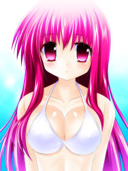 Rule 34 | 1girl, bikini, blush, breasts, cleavage, engo (aquawatery), large breasts, long hair, original, pink eyes, pink hair, simple background, solo, swimsuit