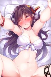 Rule 34 | 1girl, bikini, black hair, blush, bottomless, breasts, brown eyes, cleavage, collarbone, hair ornament, hairclip, haruna (kancolle), highres, implied sex, kantai collection, large breasts, long hair, looking at viewer, lying, messy hair, navel, nose blush, on back, on bed, parted lips, reaching, reaching towards viewer, solo, swimsuit, thigh strap, tsukui kachou, white bikini