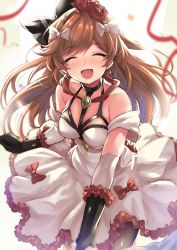 Rule 34 | 1girl, black gloves, black legwear, black ribbon, blurry, blush, chest harness, clarisse (granblue fantasy), clarisse (soleil blanc) (granblue fantasy), closed eyes, collarbone, cowboy shot, depth of field, dress, earrings, elbow gloves, flower, gloves, granblue fantasy, hair down, hair flower, hair ornament, halterneck, harness, highres, holding hands, jewelry, kztk, long hair, nose blush, open mouth, orange hair, out of frame, red flower, red ribbon, red rose, ribbon, rose, shiny clothes, solo focus, swept bangs, walking, white dress, white ribbon