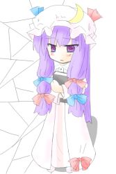 Rule 34 | 1girl, bow, chibi, crescent, female focus, hat, long hair, patchouli knowledge, pink bow, purple hair, solo, touhou
