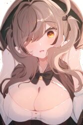 Rule 34 | 1girl, ahoge, alternate breast size, black ribbon, breasts, brown capelet, brown cloak, brown eyes, brown hair, capelet, cleavage cutout, cloak, clothing cutout, flustered, hair over one eye, hair ribbon, highres, holly (ruptonotty), hololive, hololive english, huge ahoge, large breasts, light particles, looking at viewer, multicolored hair, nanashi mumei, nanashi mumei (1st costume), official alternate hairstyle, removing hood, ribbon, shirt, streaked hair, twintails, virtual youtuber, white shirt, wide-eyed