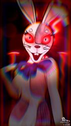 Rule 34 | 1girl, bow, bowtie, costume, crazy eyes, evil smile, five nights at freddy&#039;s, five nights at freddy&#039;s: security breach, gloves, highres, horror (theme), looking at viewer, open mouth, r-remm, rabbit, red eyes, self-upload, smile, teeth, vanessa (fnaf), vanny (fnaf)