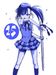 Rule 34 | 00s, 1girl, asymmetrical bangs, blue theme, mahou sensei negima!, mikami komata, mikami konu, monochrome, numbered, plaid, plaid skirt, sakurazaki setsuna, skirt, solo