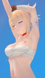 Rule 34 | 1girl, absurdres, arm tattoo, armpits, arms up, artist name, bandaged arm, bandages, bandeau, bare shoulders, blonde hair, blue background, breasts, chest sarashi, chest tattoo, choker, cleavage, commentary, drid, closed eyes, genshin impact, highres, medium breasts, midriff, navel, parted lips, red choker, sarashi, short hair, simple background, solo, stomach, strapless, tattoo, tube top, yoimiya (genshin impact)