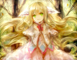 Rule 34 | 1girl, blonde hair, fairy tail, forest, green eyes, long hair, looking at viewer, mavis vermilion, nature, smile, solo