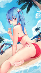Rule 34 | 1girl, ass, barefoot, beach, bikini, blue hair, blue sky, cloud, commentary, day, dutch angle, eating, food, from behind, hair between eyes, hair ornament, halterneck, highres, holding, holding food, looking at viewer, looking back, on ground, outdoors, palm tree, popsicle, quincy (warship girls r), red bikini, red eyes, sand, side-tie bikini bottom, side ponytail, sitting, sky, soles, solo, string bikini, swimsuit, symbol-only commentary, toes, tree, warship girls r, water, wuguno ziran juan