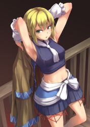 Rule 34 | 1girl, arm warmers, armpits, arms up, bad id, bad pixiv id, blonde hair, blush, breasts, green eyes, looking at viewer, midriff, mizuhashi parsee, navel, oborofu, pointy ears, short hair, skirt, solo, touhou