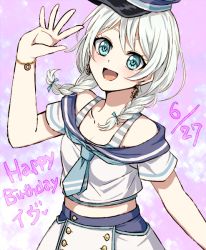 Rule 34 | 1girl, :d, akasata, bang dream!, blue bow, blue eyes, blue neckerchief, bow, bracelet, braid, character name, dated, earrings, hair bow, hand up, happy birthday, hat, jewelry, long hair, looking at viewer, neckerchief, open mouth, purple background, school uniform, serafuku, short sleeves, smile, solo, striped, twin braids, wakamiya eve, waving, white hair