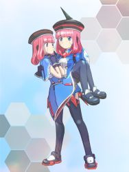 Rule 34 | 2girls, android, black gloves, black legwear, blue background, blue eyes, blue skirt, bow, carrying, clone, crossover, curly hair, dress, dual persona, expressionless, frown, full body, gloves, hat, height difference, highres, honeycomb (pattern), honeycomb background, honeycomb pattern, looking at another, lou, lou (phantasy star), mary janes, migo, multiple girls, pantyhose, phantasy star, phantasy star portable 2, phantasy star universe, pink hair, princess carry, puffy sleeves, robot ears, science fiction, shoes, short hair, short sleeves, shoulder pads, skirt, standing, thighhighs