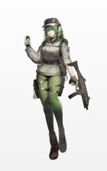 Rule 34 | 1girl, absurdres, arknights, backpack, bag, belt, brown footwear, bullet, closed mouth, ear protection, ela (rainbow six siege), explosion, full body, gloves, goggles, goggles on headwear, green eyes, green hair, green pants, gun, headphones over headwear, headset, helmet, highres, holding, holding gun, holding weapon, military uniform, pants, rainbow six siege, shirt, simple background, solo, standing, uniform, weapon, white background, yuuki mix