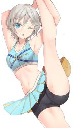 Rule 34 | 1girl, :o, anastasia (idolmaster), arm behind head, armpits, arms up, bare arms, bare shoulders, bike shorts, blue eyes, blue shirt, blue skirt, blush, breasts, cheerleader, cleavage, clothes writing, commentary request, cowboy shot, crop top, dutch angle, flexible, grey hair, hair between eyes, highres, idolmaster, idolmaster cinderella girls, leg up, looking at viewer, medium breasts, midriff, miniskirt, navel, one eye closed, parted lips, pleated skirt, rum raisin (chihiromakita19), shirt, short hair, shorts, shorts under skirt, simple background, skirt, sleeveless, sleeveless shirt, solo, split, standing, standing on one leg, standing split, stomach, sweat, white background