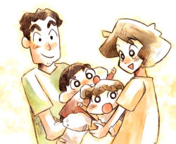 Rule 34 | 2boys, 2girls, :d, :o, age difference, animal, arm up, baby, bad id, bad pixiv id, barefoot, black eyes, black hair, blush, bodysuit, brother and sister, brown hair, carrying, child, crayon shin-chan, curly hair, dog, eyebrows, facial hair, family, father and daughter, father and son, happy, looking at another, looking at viewer, mother and daughter, mother and son, multiple boys, multiple girls, nohara himawari, nohara hiroshi, nohara misae, nohara shinnosuke, open mouth, reaching, shiro (shin-chan), shirt, short hair, short sleeves, siblings, simple background, smile, sweatdrop, t-shirt, tekin, triangle mouth, upper body, waving, yellow background
