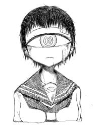 Rule 34 | 1girl, bandaid, bandaid on face, black hair, cyclops, female focus, highres, kurome shirome, looking at viewer, monochrome, monster girl, one-eyed, original, sailor collar, short hair, solo, upper body