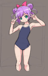 Rule 34 | 1girl, bow, brown background, competition school swimsuit, double bun, double v, hair bow, looking at viewer, manaka laala, one-piece swimsuit, pretty series, pripara, purple hair, rohitsuka, school swimsuit, short hair, smile, solo, swimsuit, v
