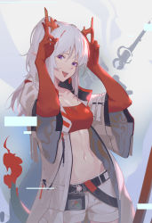 Rule 34 | 1girl, arknights, bandeau, breasts, coat, commentary, cowboy shot, grey background, hands up, highres, horns, long hair, long sleeves, looking at viewer, medium breasts, midriff, multicolored hair, navel, nian (arknights), open clothes, open coat, purple eyes, red hair, shorts, silver hair, solo, standing, stomach, strapless, streaked hair, tongue, tongue out, tube top, white coat, white shorts, wide sleeves, zanyak