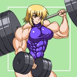 Rule 34 | 00s, 1girl, abs, aliasing, barbell, bare shoulders, biceps, blonde hair, blue leotard, breasts, cagalli yula athha, cowboy shot, dumbbell, exercising, extreme muscles, female focus, green background, gundam, gundam seed, leotard, looking at viewer, lowres, muscular, muscular female, ren (tainca2000), short hair, simple background, skin tight, solo, standing, taut clothes, taut leotard, weightlifting, weights
