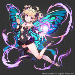 Rule 34 | 1girl, :d, ahoge, bad id, bad pixiv id, bare shoulders, black background, black dress, black footwear, blonde hair, blunt bangs, breasts, butterfly wings, clothing cutout, detached sleeves, double bun, dress, fairy, flower, full body, hair bun, hair flower, hair ornament, head wreath, insect wings, kt. (kaisou-notagui), legband, looking at viewer, magic, navel, navel cutout, official art, open mouth, pointing, pointy ears, puffy short sleeves, puffy sleeves, purple eyes, shoes, short hair, short sleeves, small breasts, smile, triple monsters, wings